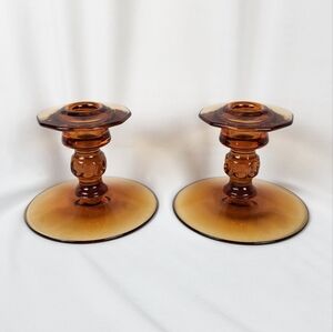 Vintage Cambridge Glass #627 Candleholders Candle Sticks, Amber Cleo